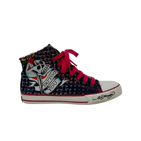 Vintage Y2K Ed Hardy x Christian Audigier Tattoo Print Frayed High Top Sneakers - Picture 10 of 16